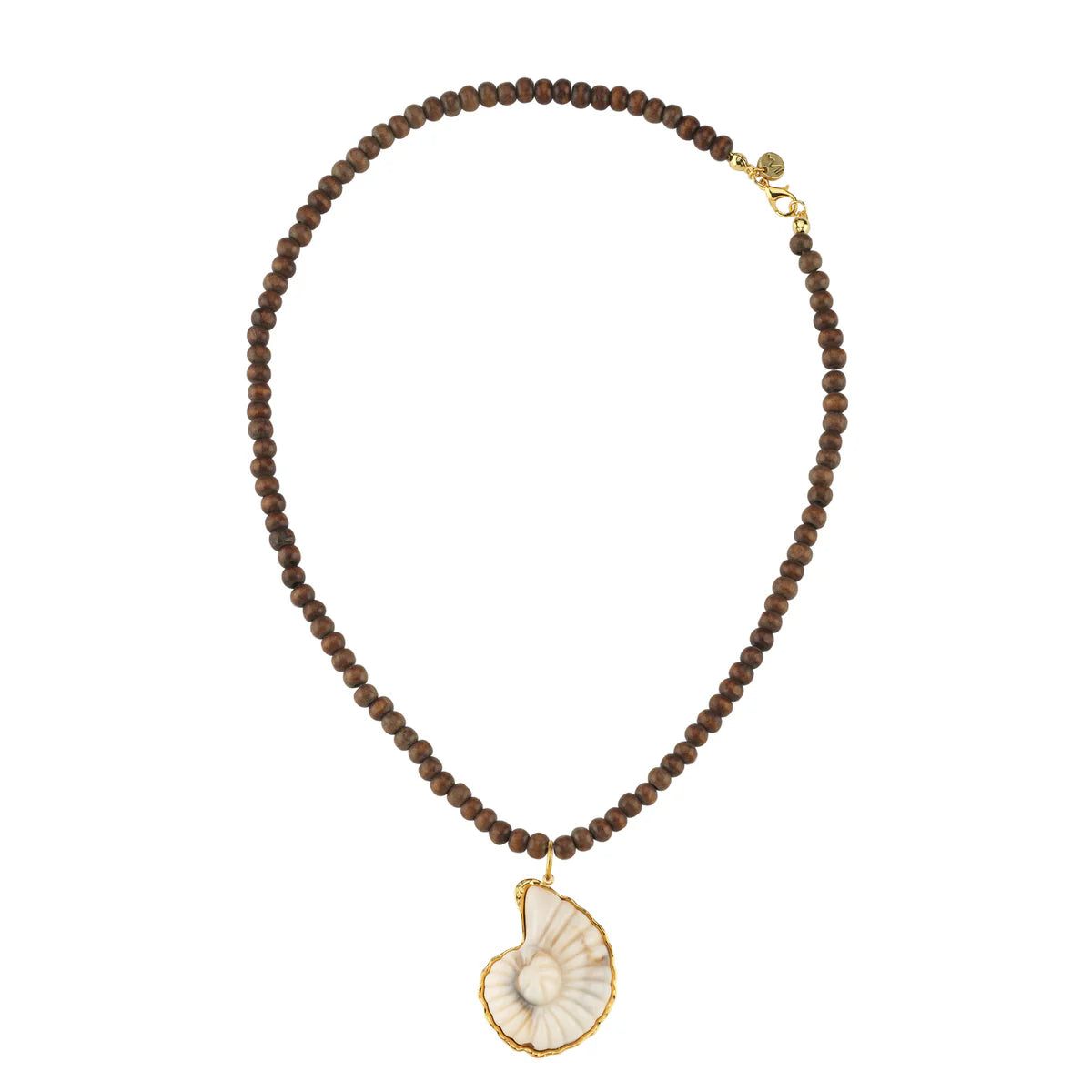 Necklace with brown beads and a shell pendant on a white background