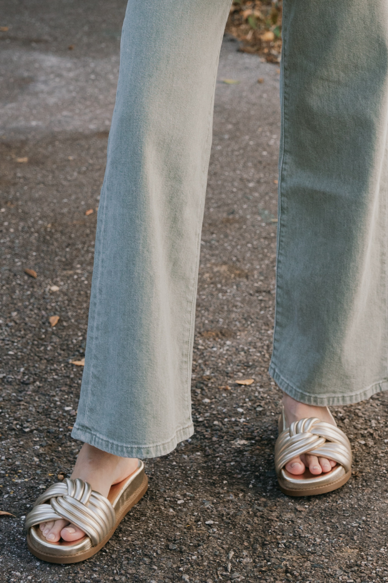 Schutz Bosa Twisted Sporty Slide close up on feet
