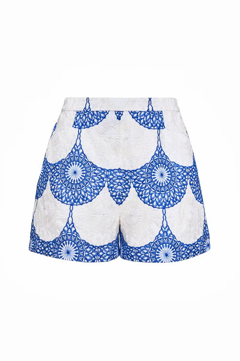 Blue and white patterned shorts on a white background