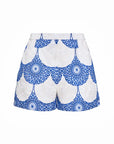 Blue and white patterned shorts on a white background