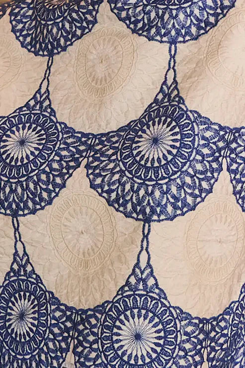 Close-up of a fabric with blue and white  pattern