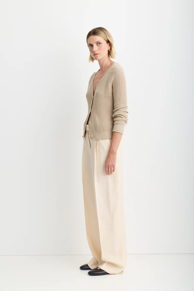 Raleigh Cardigan in Latte full body side view on model