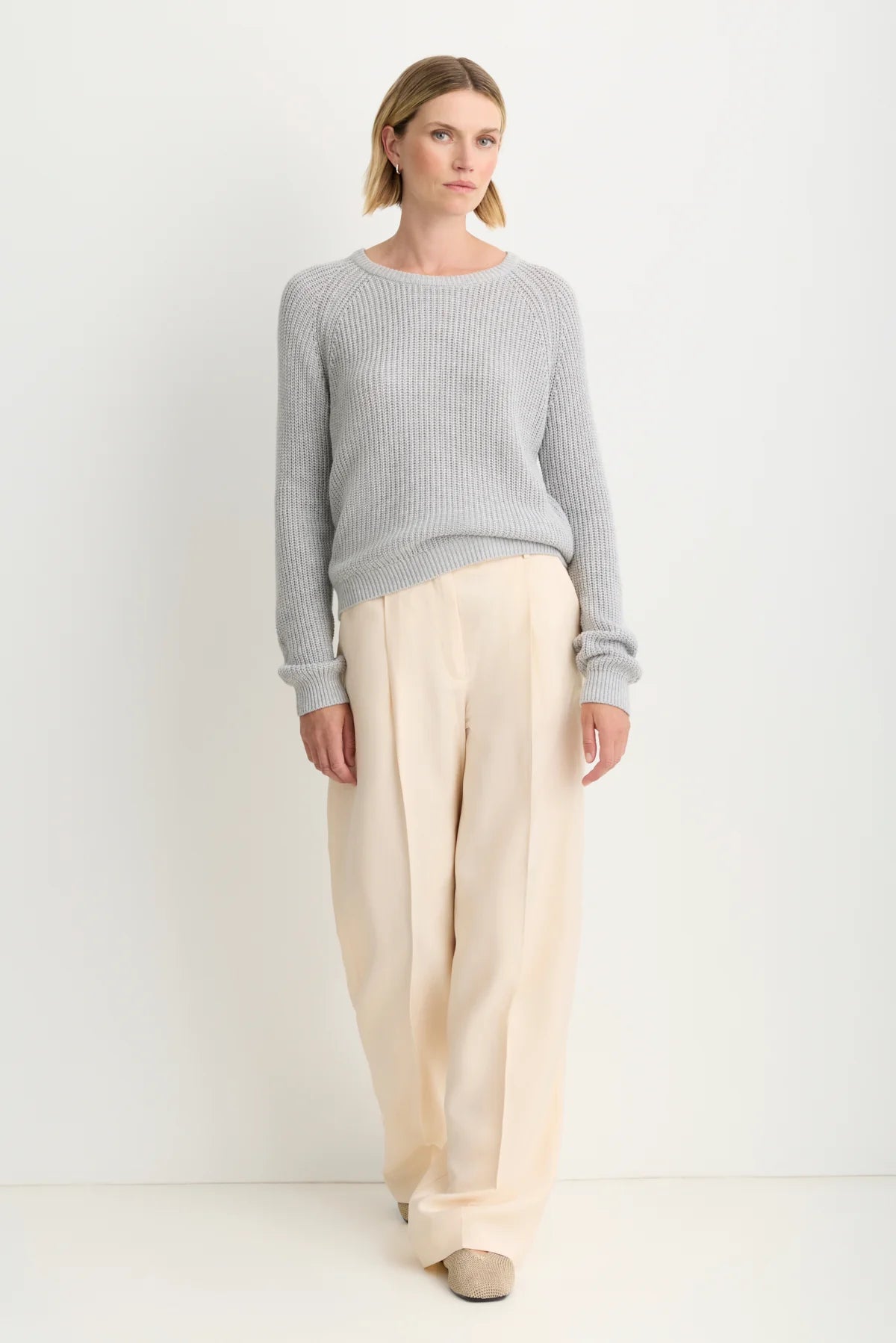 Raleigh Pullover in Heather Grey full body front view on model
