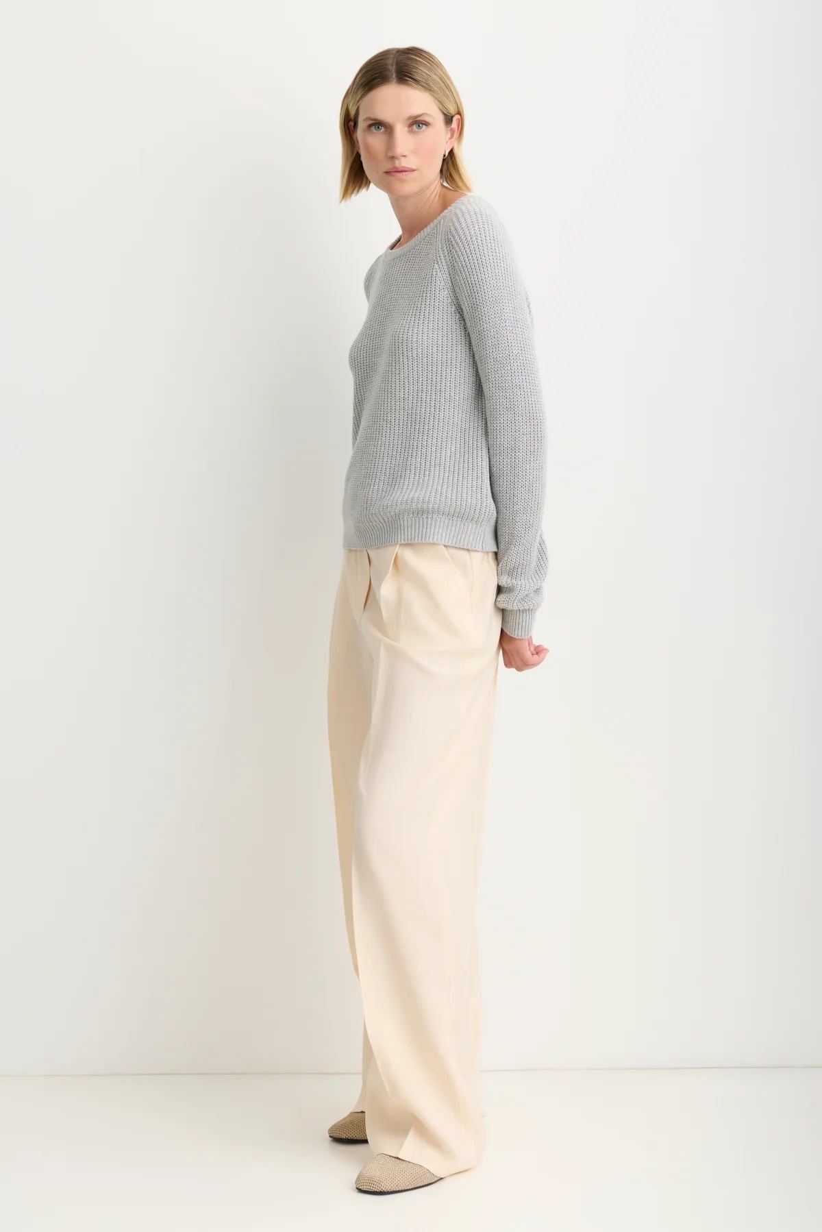 Raleigh Pullover in Heather Grey full body side view on model