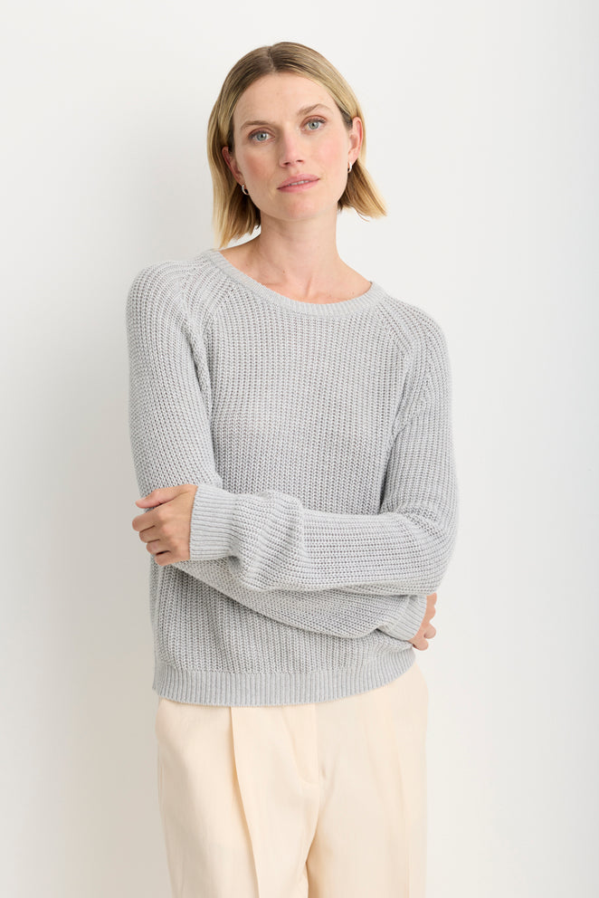 Raleigh Pullover in Heather Grey close up front view on model