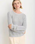 Raleigh Pullover in Heather Grey close up front view on model