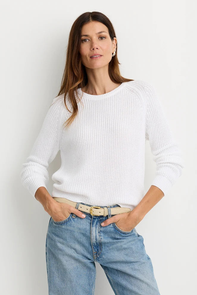 Raleigh Pullover in White close up front view on model