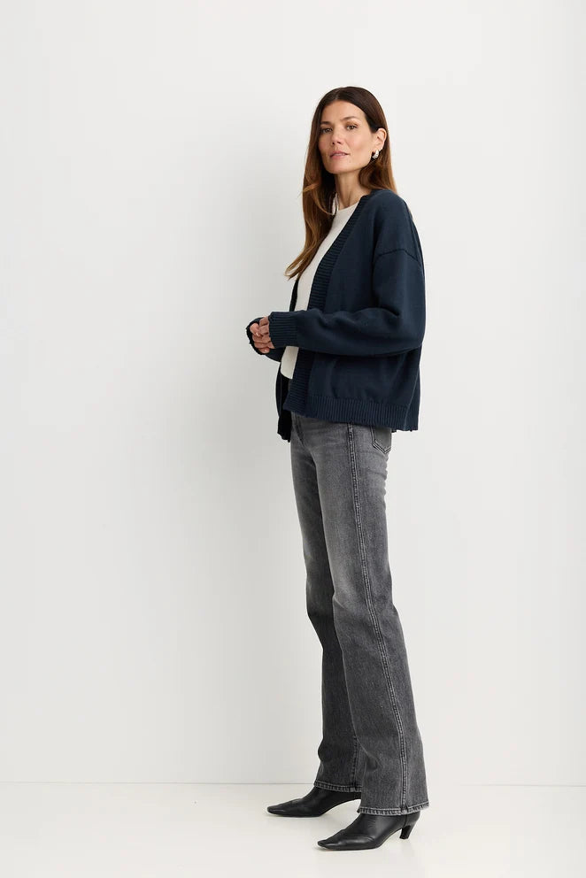 Jack Distressed Cardigan full body side view on model