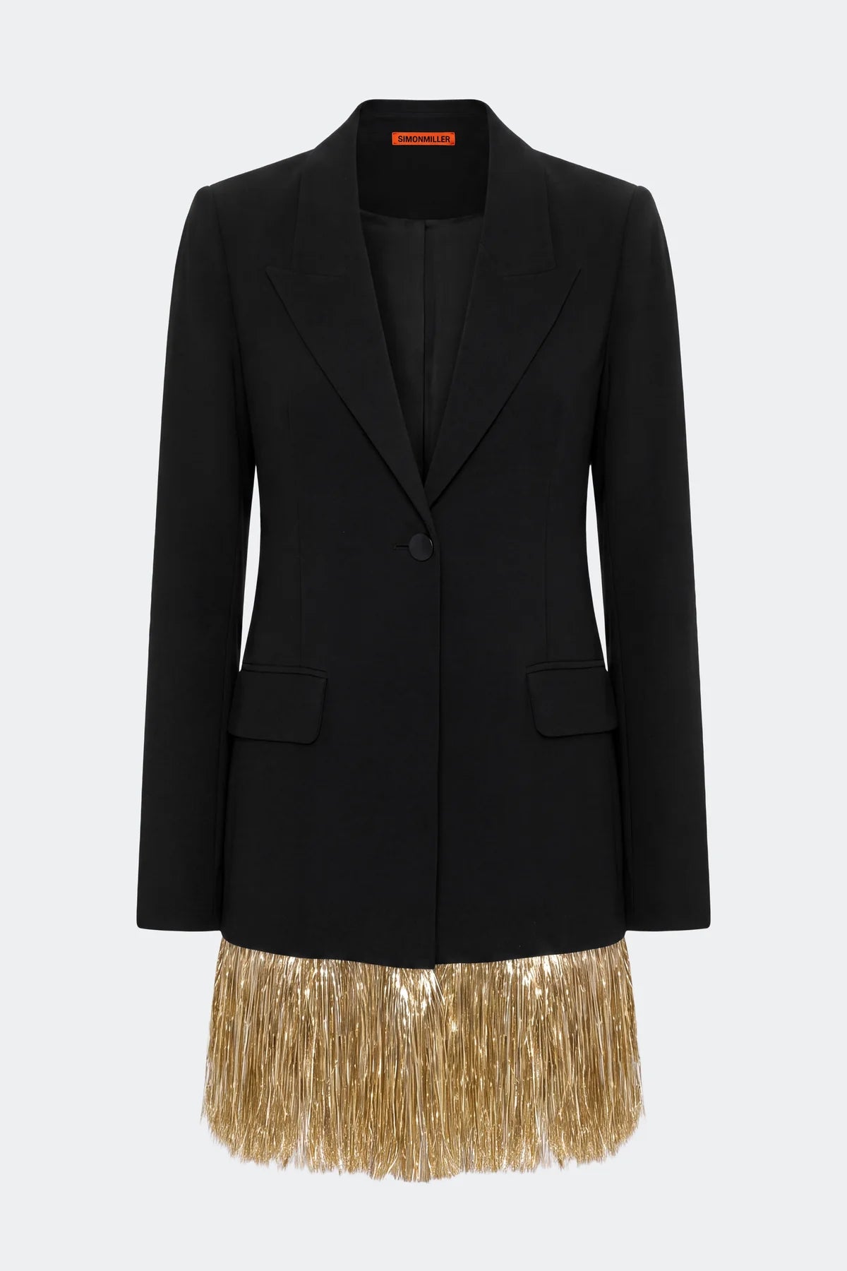A black tailored blazer with a single front button, notched lapels, flap pockets, and a contrasting gold fringe hem, shown on a light gray background.