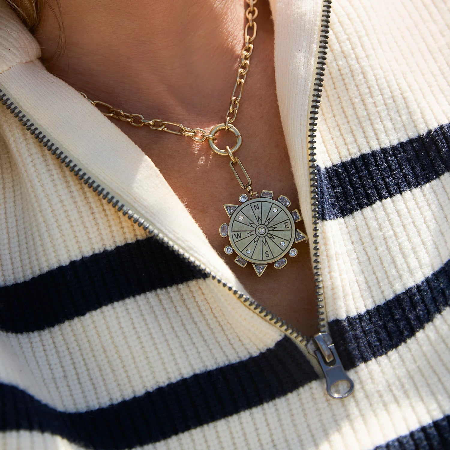Odyssey Link Necklace in Green front view on model showing compass side