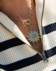 Odyssey Link Necklace in Green front view on model showing compass side