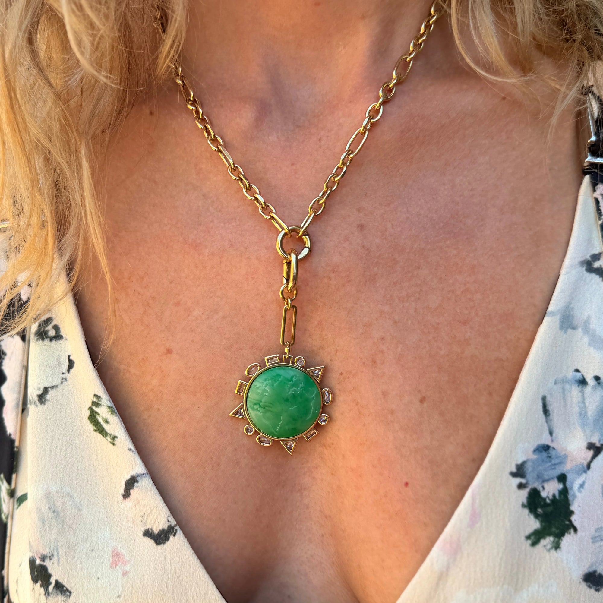 Odyssey Link Necklace in Green front view on model showing green side