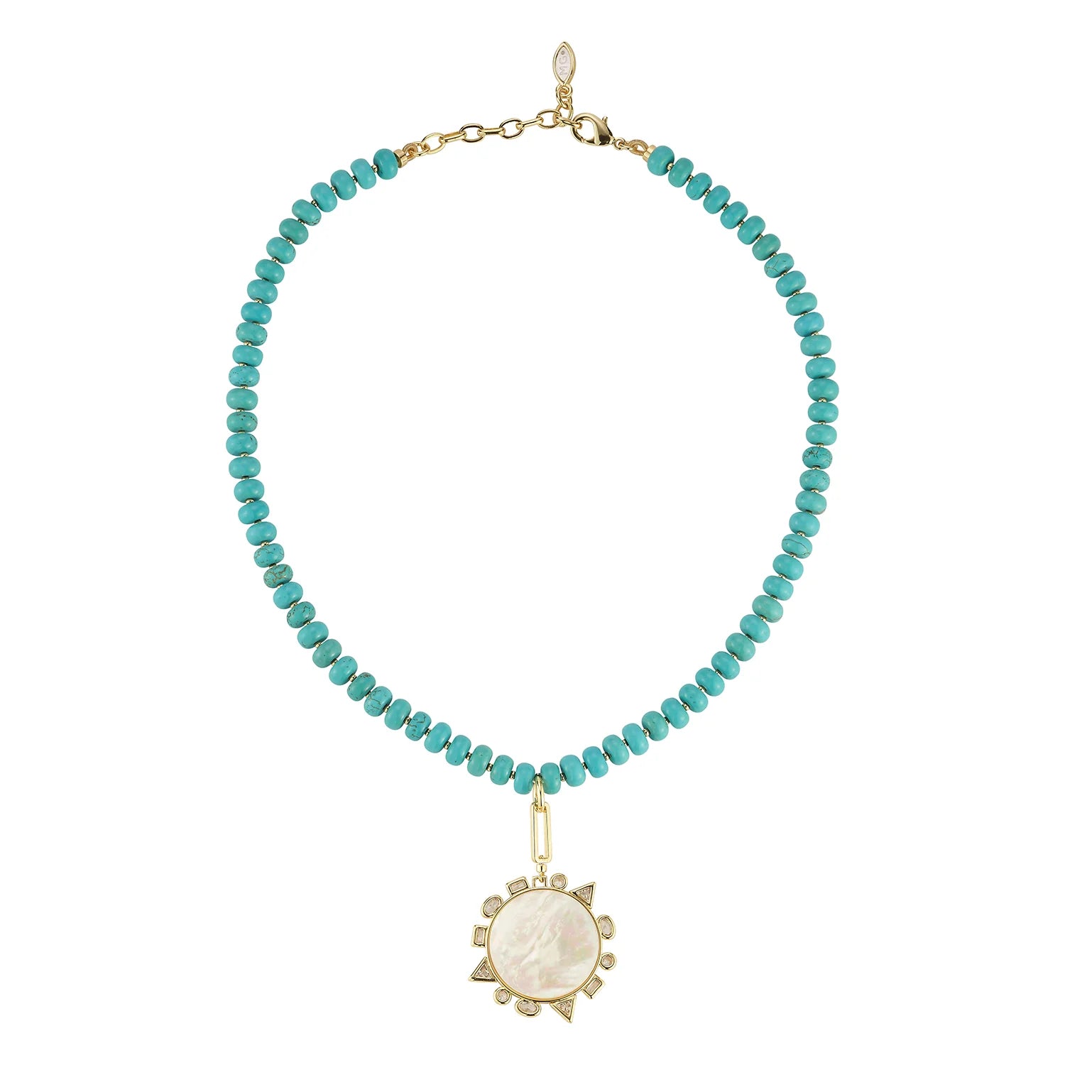Semi-Precious Odyssey Necklace front view on white background on Mother of Pearl side
