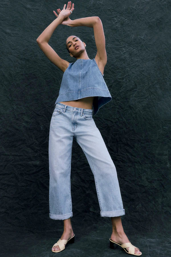 Donny Rolled Hem Boyfriend Jean full body front, crinkled background
