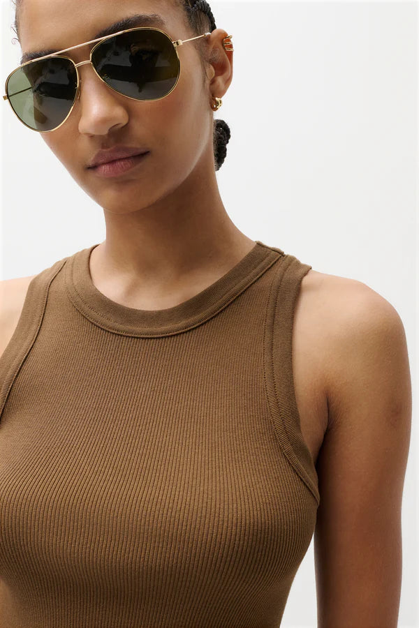Nissi Tank Top Java close up neckline and shoulder