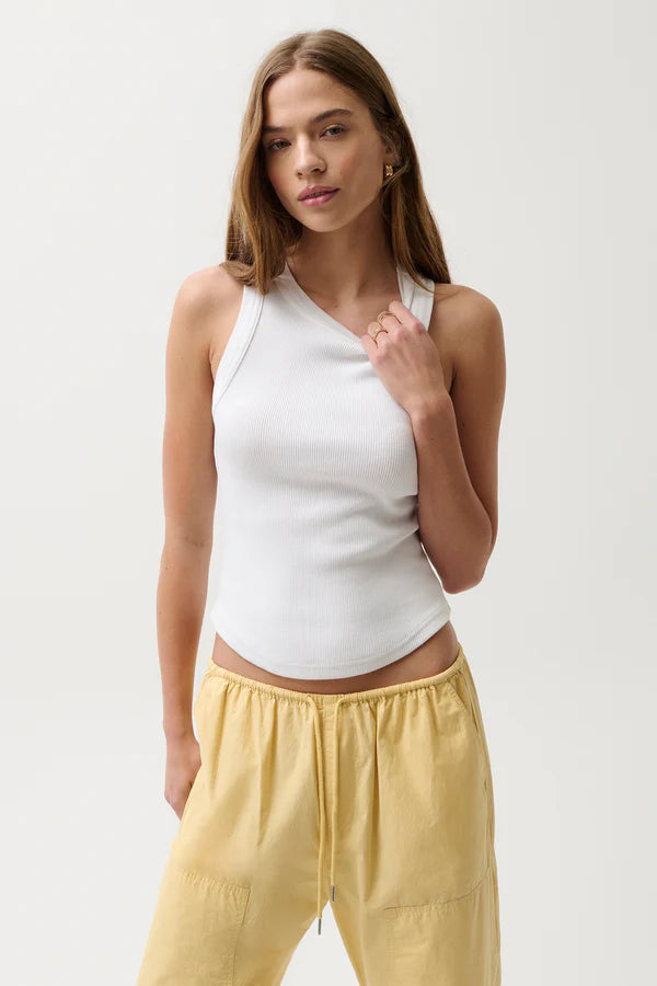 Nissi Tank Top Soft White front view with yellow pants
