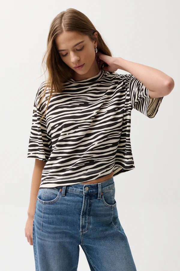 Woman wearing a zebra print crop top and blue jeans on a white background