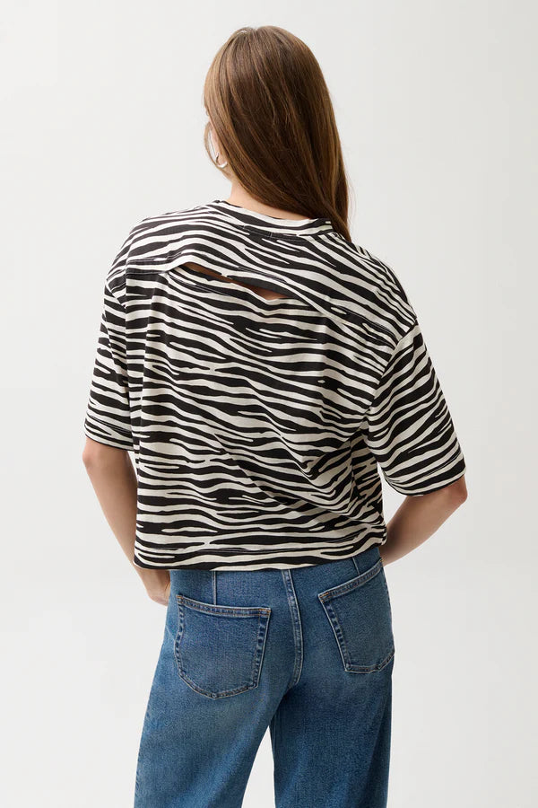 Person wearing a zebra-striped shirt and blue jeans on a white background