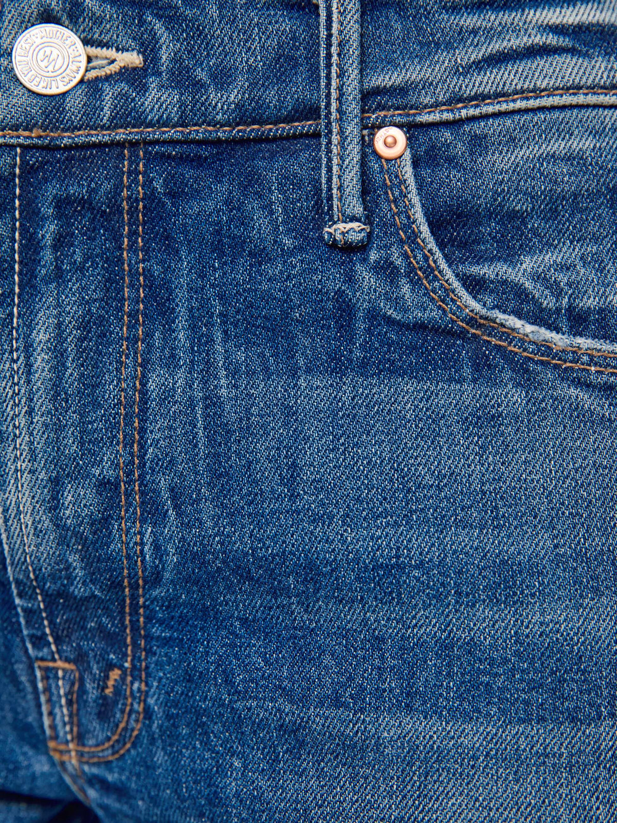 Close-up of blue denim jeans with stitching details