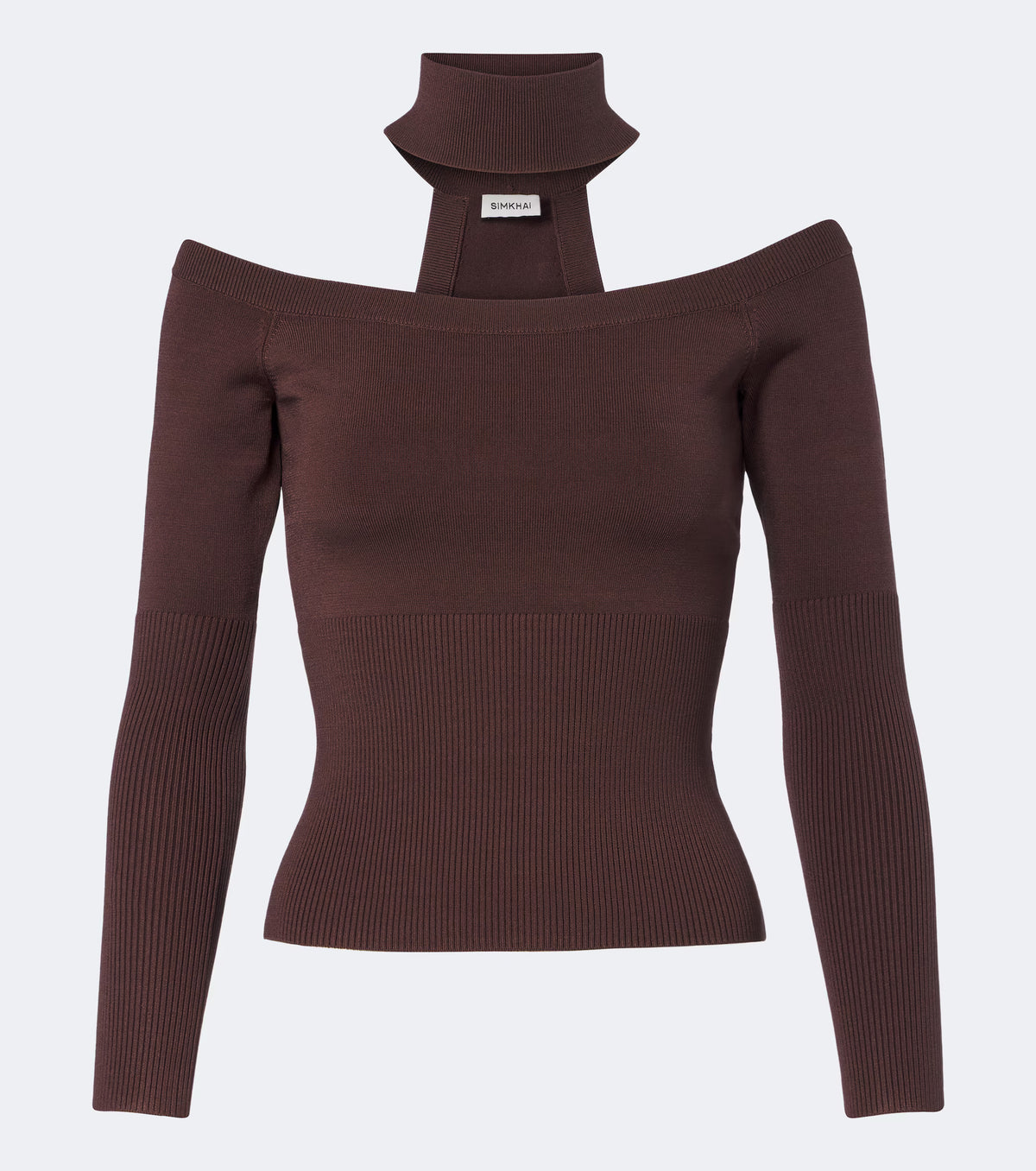 A dark brown ribbed knit off-the-shoulder sweater with a high mock neck collar, displayed on a clean light gray background.