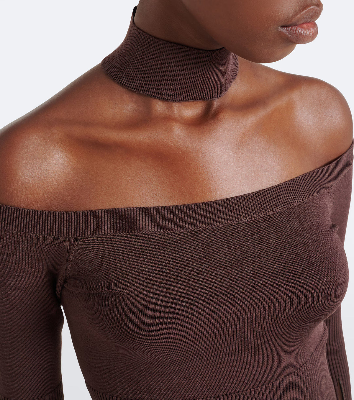 Close-up of a model wearing a dark brown ribbed off-the-shoulder top with a matching high ribbed collar against a light gray background.