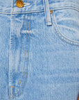 Close-up of blue denim jeans with stitching details