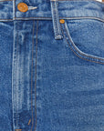 Close-up of blue denim jeans with a button and zipper detail.