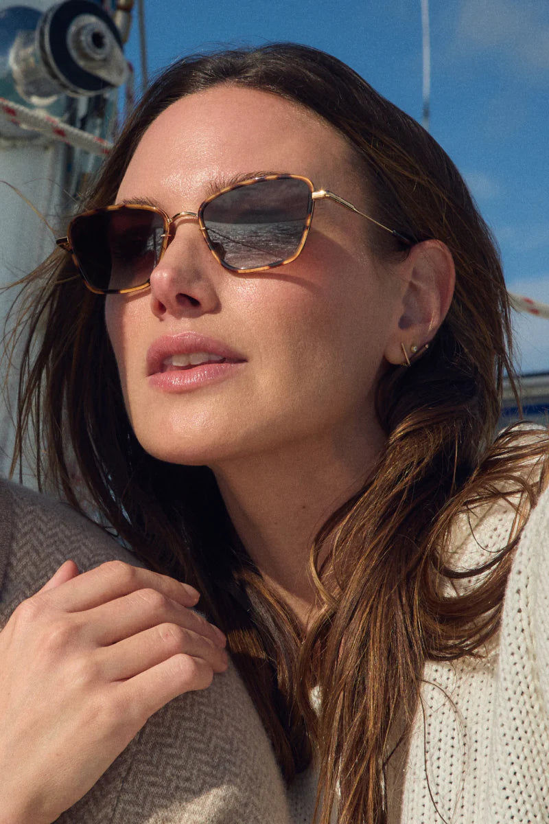 Bella 18k + Venezia Sunglasses on model with average, square face shape