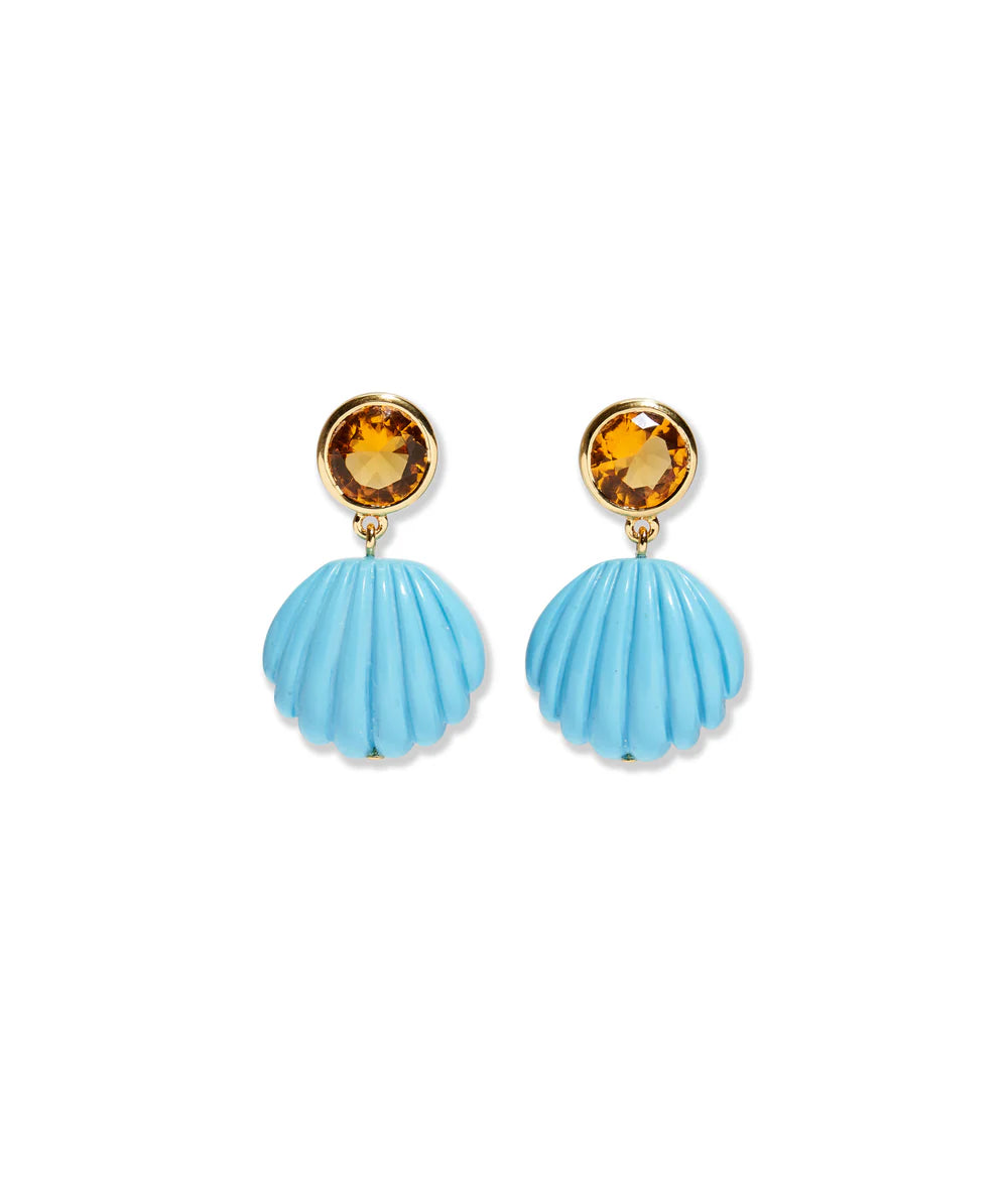 Pair of earrings with blue shell-like drops and gold accents on a white background