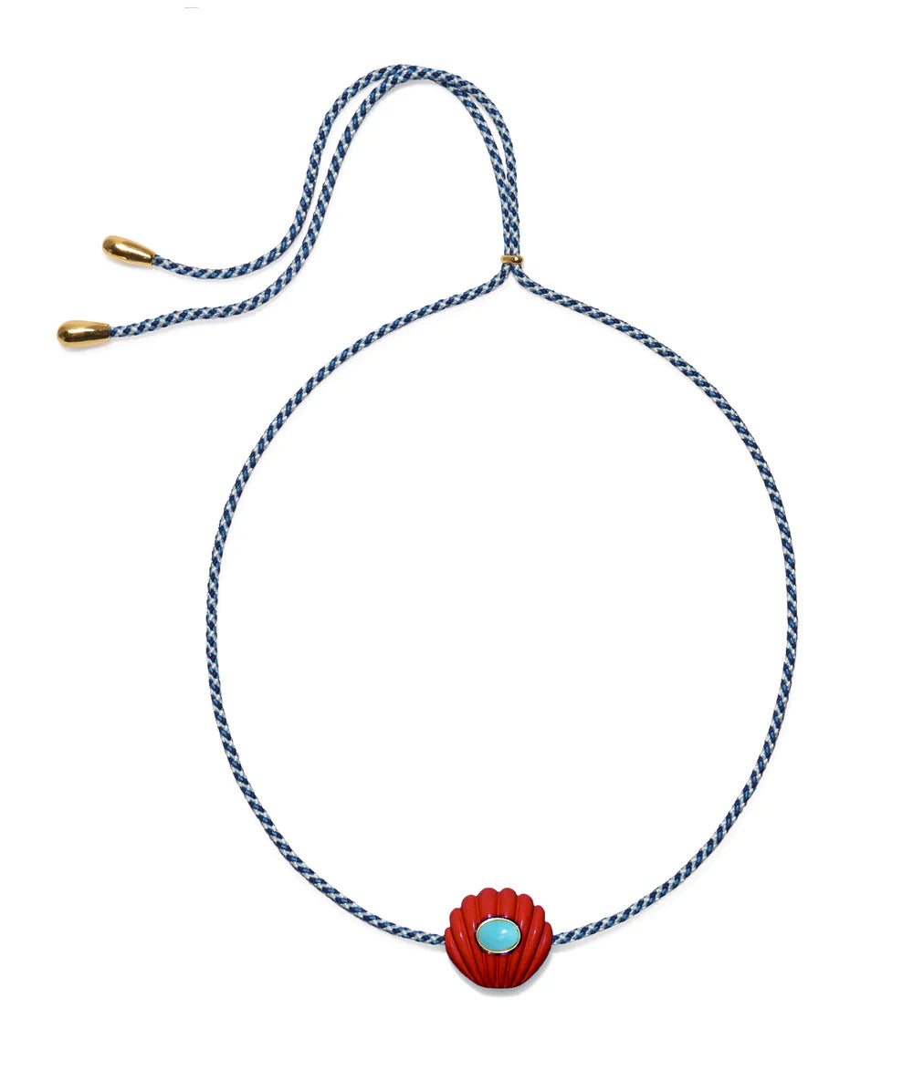 Necklace with a red flower pendant and blue cord on a white background