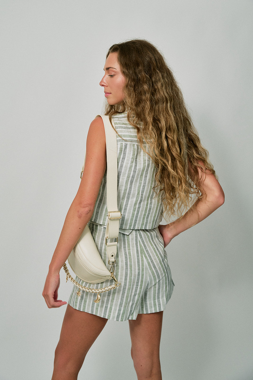 Katja Top Sage Stripe and Zinna Short Sage Stripe back view