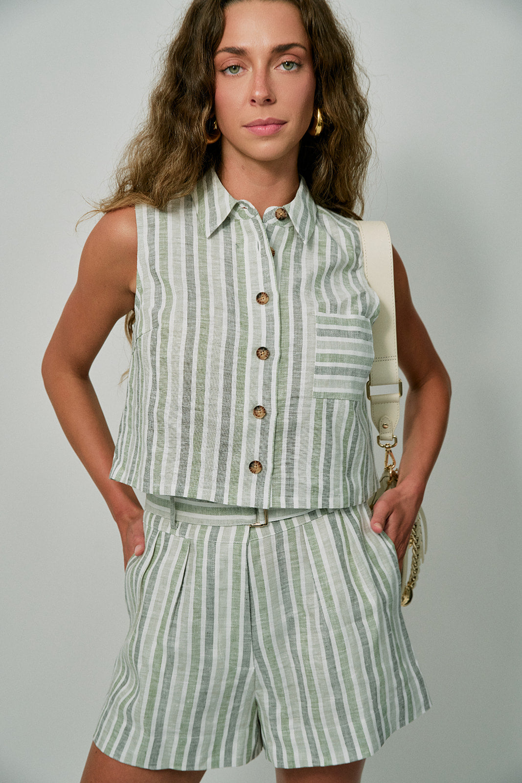 Katja Top Sage Stripe and Zinna Short Sage Stripe close up front