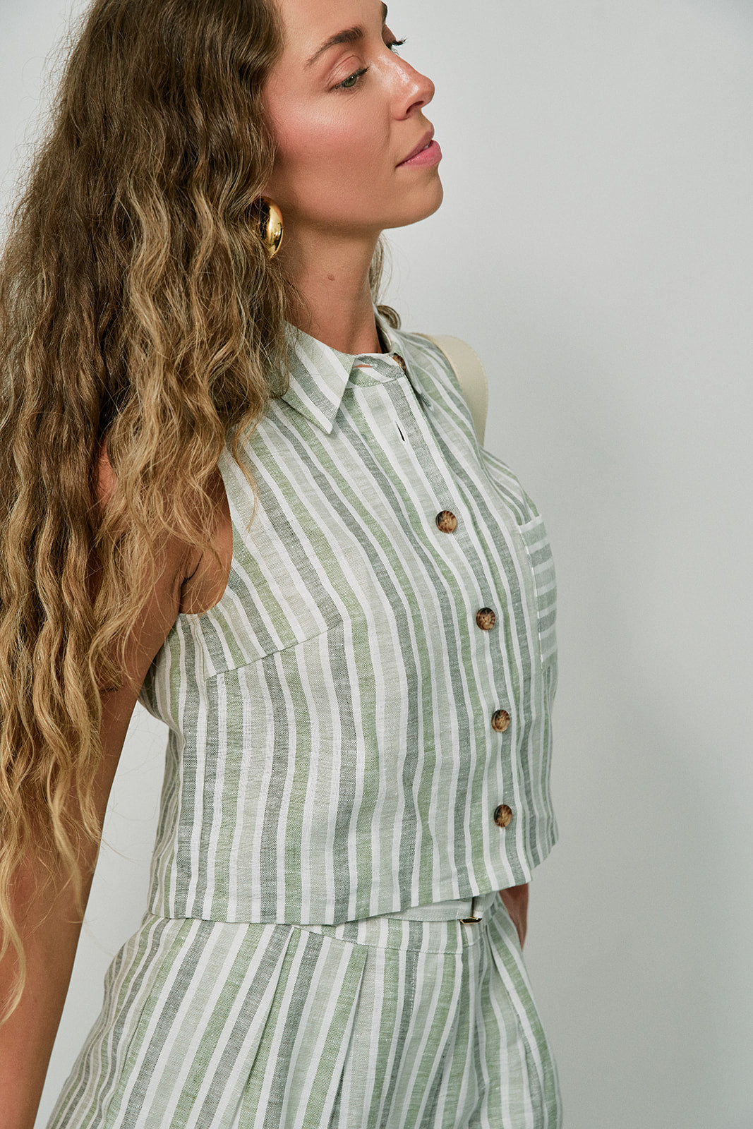 Katja Top Sage Stripe close up side