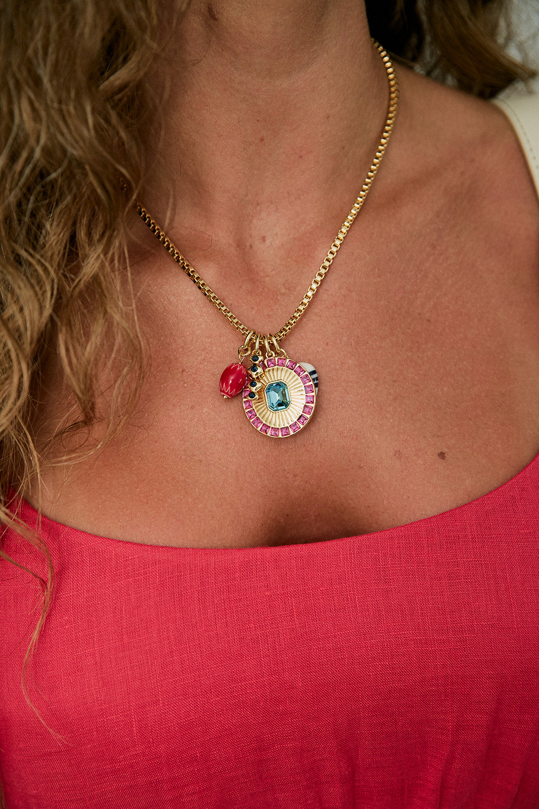 Miranda Charm Necklace close up on model