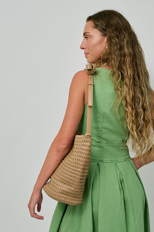 Leather Weave Braid Bucket Bag with green dress