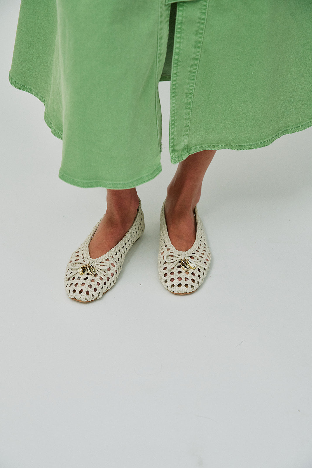 Cason Woven Leather Flat with green dress