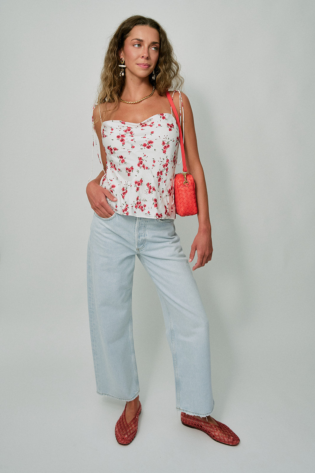 Azra Hammered Satin Camisole full body front with Eva Earrings