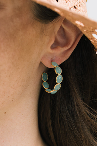 K. Bailey Aqua Chalcedony Hoops on ear