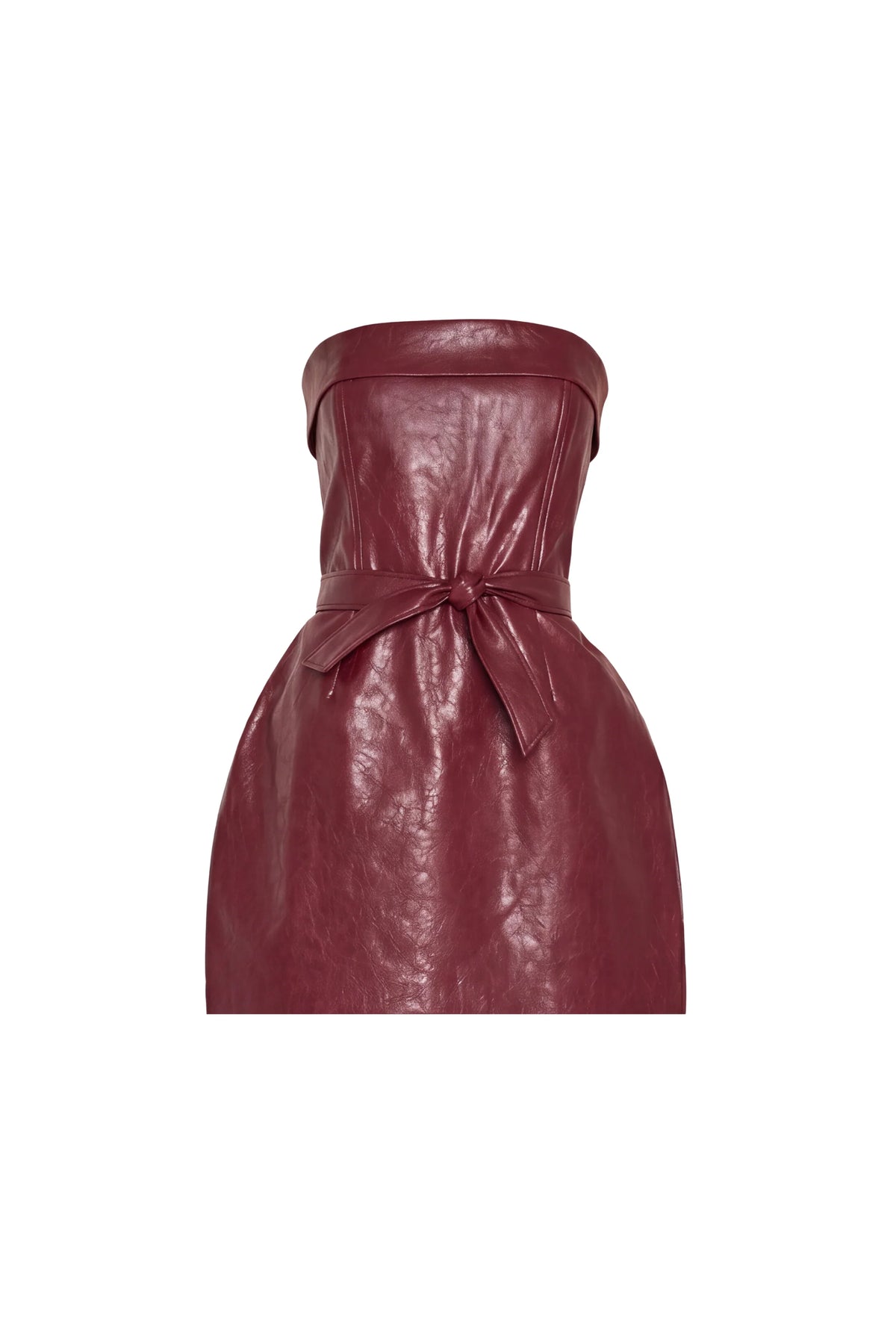 faux leather strapless dress laying flat on a white background