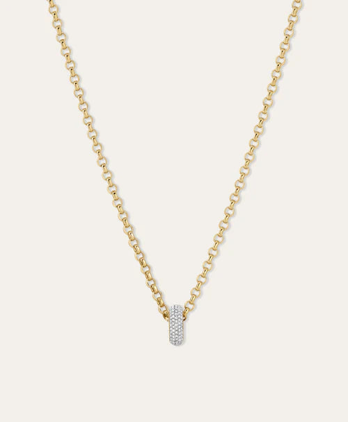Pave Diamond Spacer Big Bead 14k Yellow Gold on rollo chain