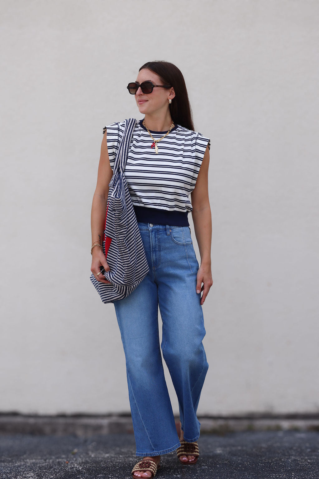 Joie Cotton Jersey Top full body front with striped bag