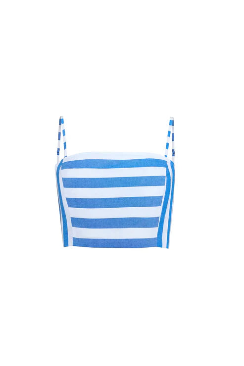 Blue and white striped crop top on a white background