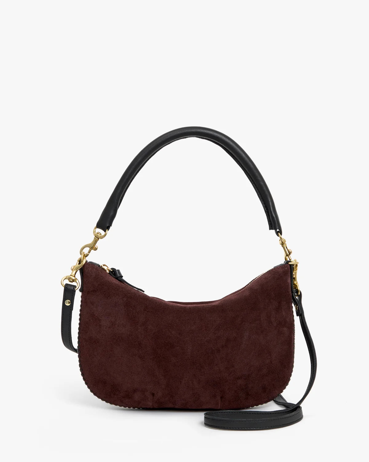 A dark burgundy suede crescent-shaped shoulder bag with black leather trim, gold-tone hardware, and a black shoulder strap, shown against a plain white background.
