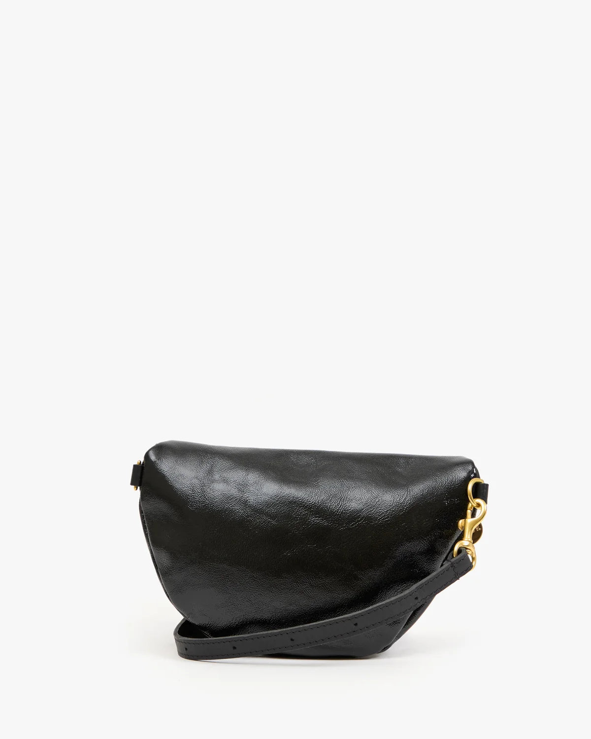 A black leather shoulder bag with a curved, crescent-shaped silhouette and a gold-tone chain detail, shown against a plain white background.