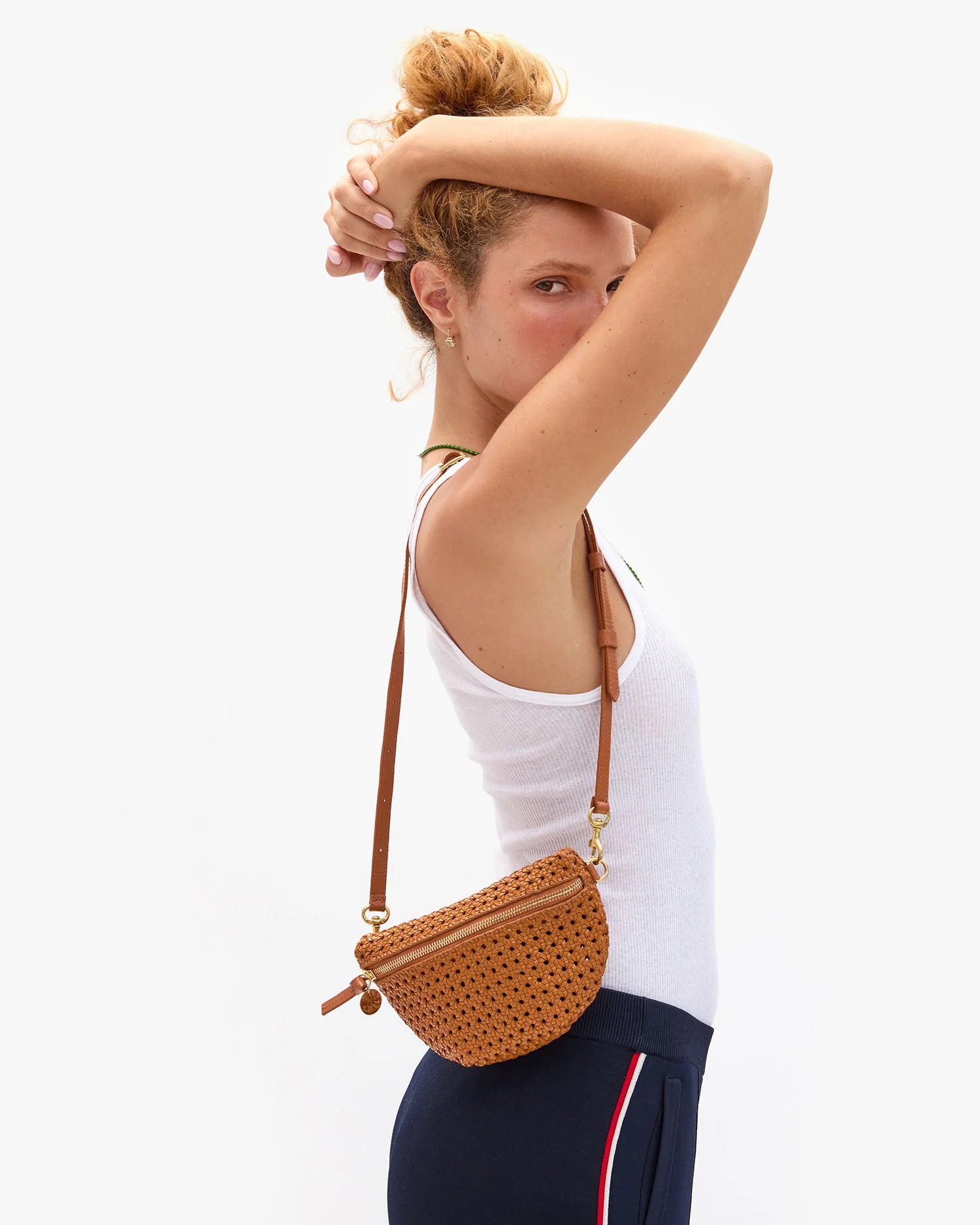 Petite Fanny Tan Rattan on shoulder