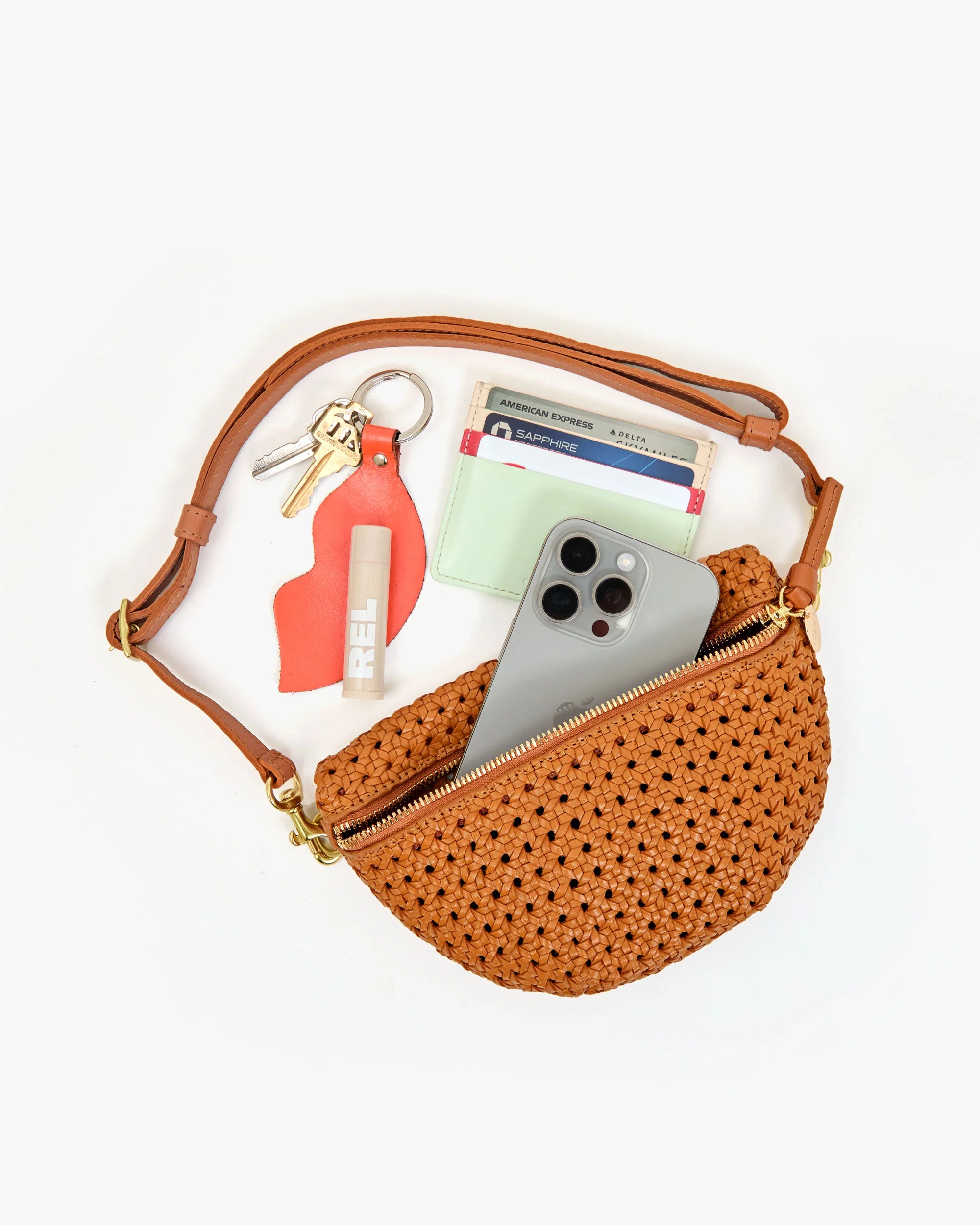 Petite Fanny Tan Rattan with phone, wallet, keys