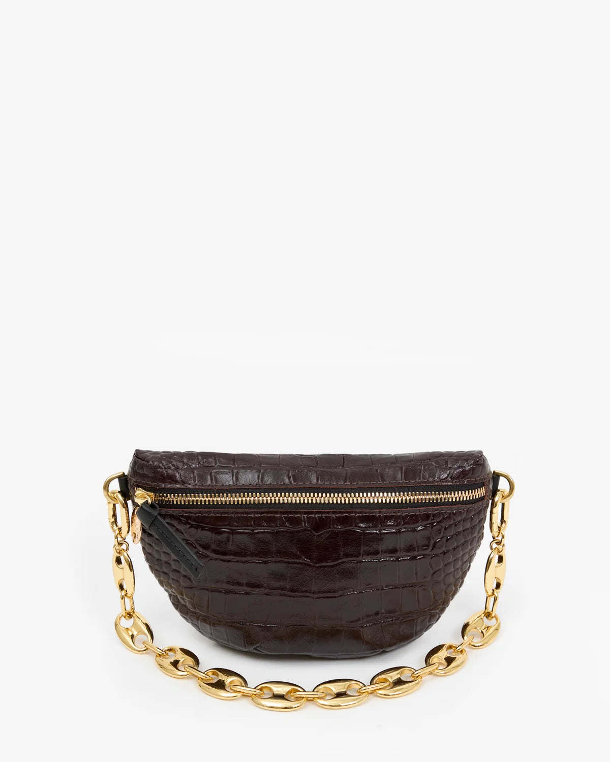 embossed mahogany croc bag with chunky gold chain strap