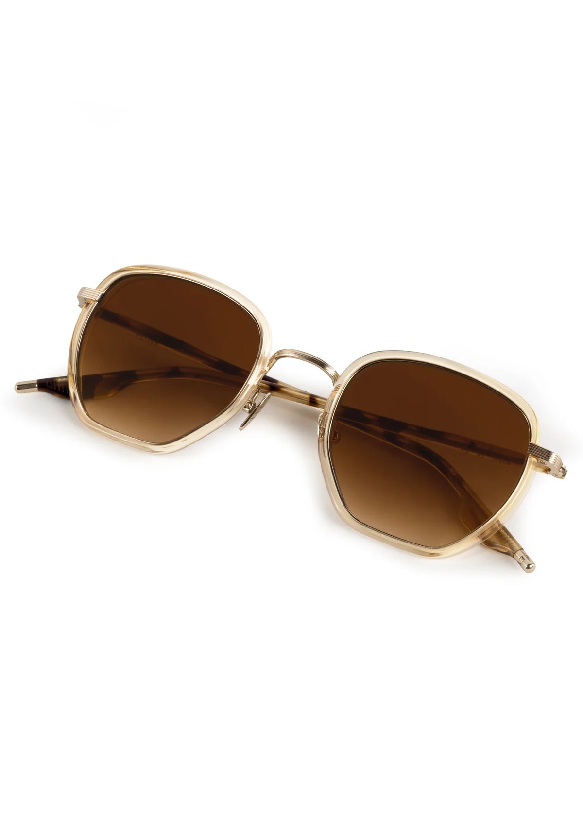 square sunglasses with a gold metal frame and brown gradient lenses, displayed on a clean white background.