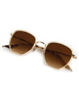 square sunglasses with a gold metal frame and brown gradient lenses, displayed on a clean white background.