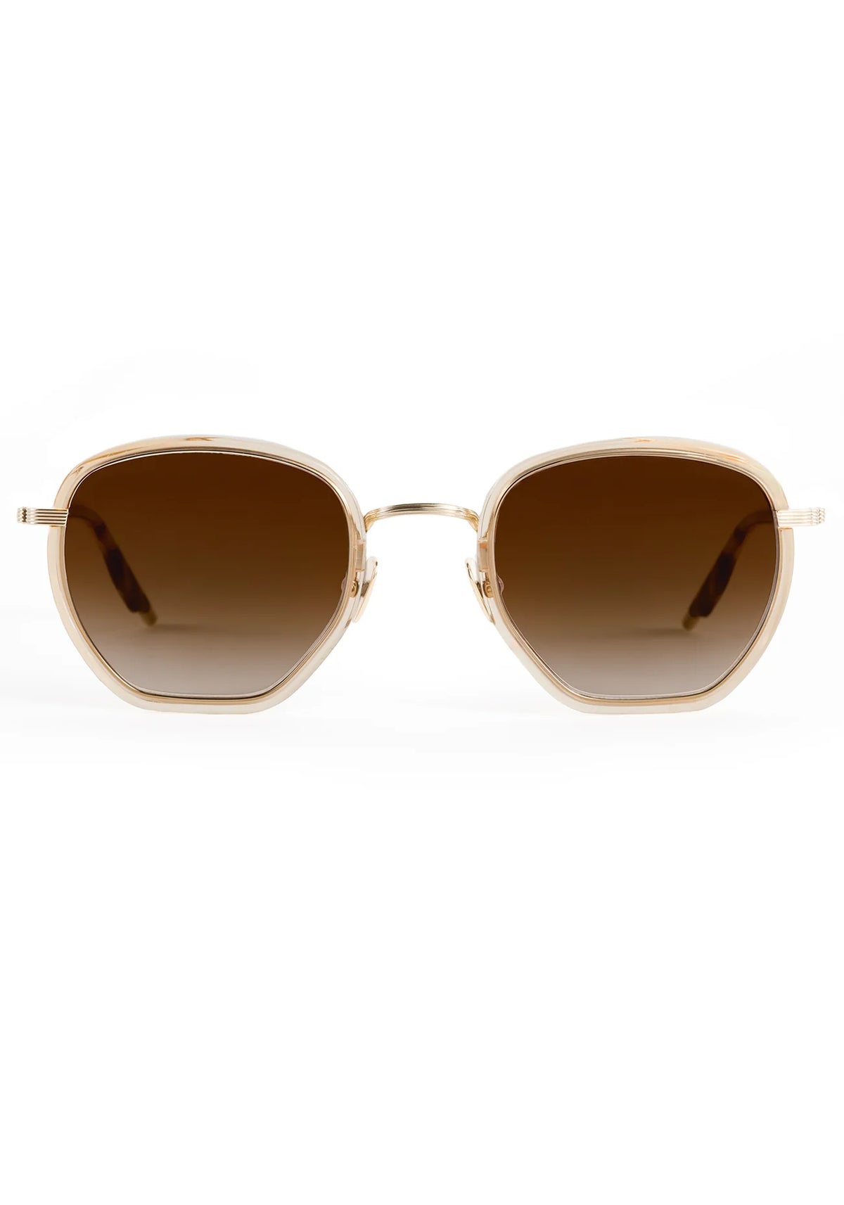 square sunglasses with a thin gold-tone metal frame and brown gradient lenses, shown against a plain white background.
